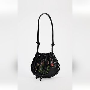 Zara Black Floral Embroidered Shoulder Bag